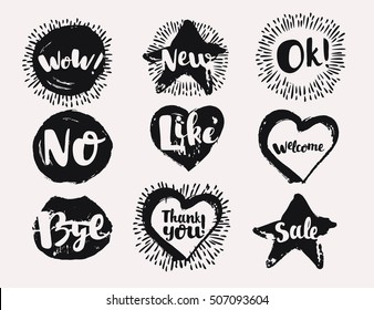 Black and white various vector Labels in hand drawn ink like Useful Symbols in speech bubbles. Like, Ok, New, Wow, No, Like, Sale, Welcome, Thank You, Bye on dark background