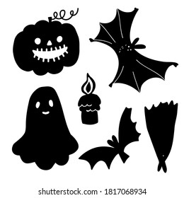 Black and white vector abstract design of Halloween silhouettes of pumpkins, ghosts and bats. The design is perfect for decorations, stickers, invitations, badges, logos, advertisements