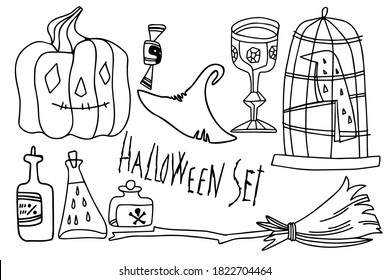 Black and white vector abstract design set of lined Halloween pumpkin, bird in cage, grail, alchemic test tubes and witch hat. Perfect for decorations, stickers, invitations, badges, advertisements