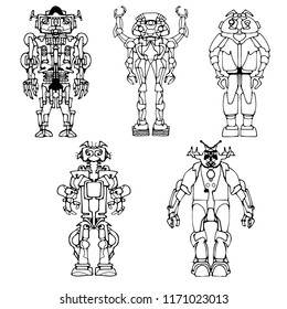 Black and white vector abstract funny monster robot character icons set illustrating industrial automation, toys, or robotics and fantasy machines. Hand drawn.