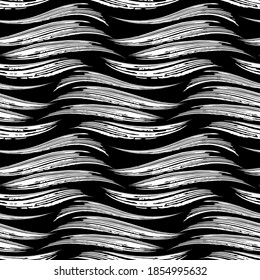 Black and white vector abstract grunge texture. Black wavy dashed stripes waves, on a white background. Seamless pattern.