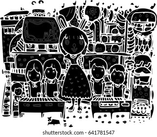 Black and white vector abstract line art of people.