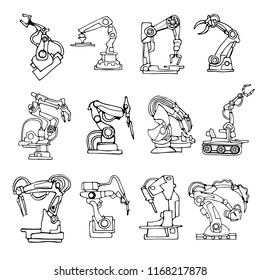Black and white vector abstract robot arm icons set illustrating industrial automation and fantasy machines. Hand drawn.
