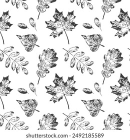 Black and white vector abstract seamless pattern with leaves. Monochrome sketch of leaves isolated on white dackground. Design for textile print, page fill, wrapping paper, web