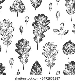 Black and white vector abstract seamless pattern with grunge leaves. Monochrome sketch of leaves isolated on white dackground. Design for textile print, page fill, wrapping paper, fabric