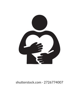 Black and white vector AI empathy icon person holding heart symbol for human centered artificial intelligence and ethical technology