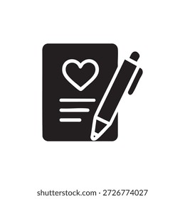 Schwarz-Weiß-Vektor-AI-Schreibassistenten-Symbol mit einer Herznote und einem Stift für die Erstellung von Inhalten und Nachrichten