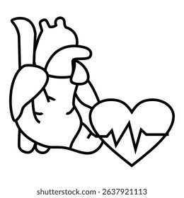 Black and white vector of anatomical heart linked to a stylized heart with ECG line. Perfect for medical and cardiology illustrations.