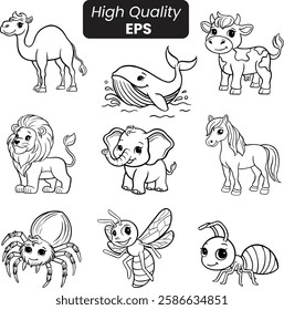 Black and White Vector Animal Coloring Page - Camel, Whale, Cow, Lion, Elephant, Horse, Spider, Bee, Ant (EPS)