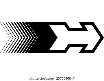 
Black and white vector arrow on a white background. Pointer indicator. Striped design element. Sports pattern. Vector background with place for text tallow. Path, navigation.