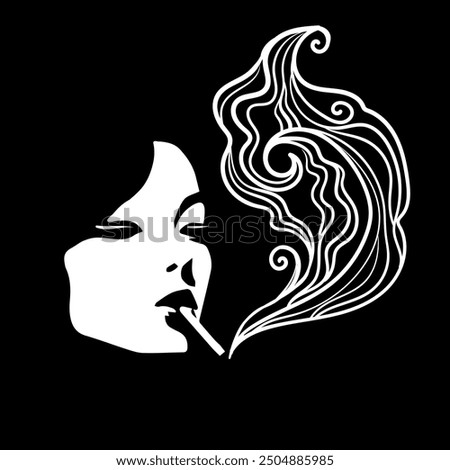 Black and white vector art with the abstract smoking woman. Cigarette illustration. Doodles and lines abstract hand-drawn vector art.