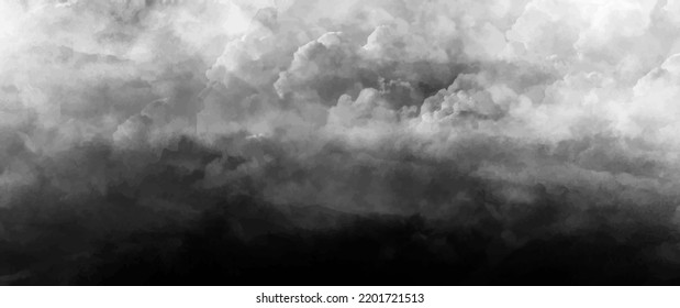 Black and white vector art background with white clouds and  sky. Hand drawn vector texture. Night heaven. Monochrome watercolor banner. Abstract template for flyers, cards, poster, cover, interior.