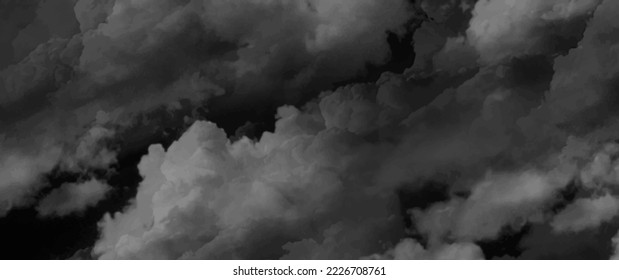 Black and white vector art background with white clouds and sky. Hand drawn vector texture. Night heaven. Monochrome watercolor banner. Abstract template for flyers, cards, poster, cover, interior.