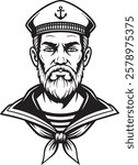 A black and white vector art of a bearded sailor wearing a traditional captain