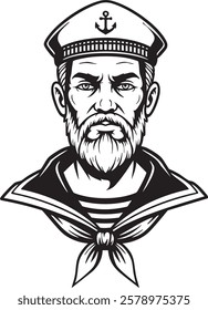 A black and white vector art of a bearded sailor wearing a traditional captain's hat with an anchor. Ideal for nautical, marine, or maritime-related designs.