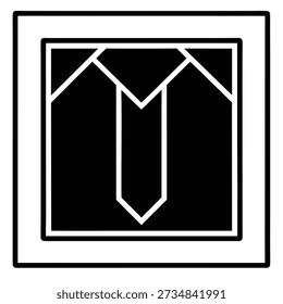 Black and white vector art depicting a stylized tie inside a geometric frame, representing formal attire.