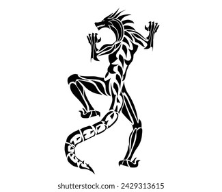 black and white vector art design of a hybrid dragon that has a tail, hands and feet that have sharp claws or nails appearing to be in a climbing pose and seen from above