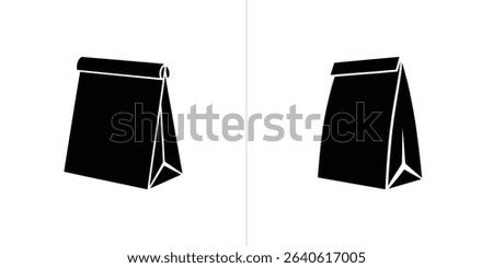Black and white vector art displaying two closed paper lunch bags with the tops folded, displayed on a split white background, angled for perspective.