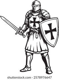 A black and white vector art of a knight in full armor, holding a sword and shield with a cross. Suitable for historical, medieval, or fantasy-themed projects.