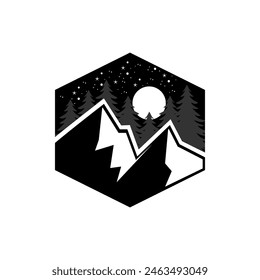 
black and white vector art of mountains, forests and moon topped with stars created with a six-sided object. Suitable for logos, tattoos, frames, backgrounds, t-shirt screen printing.