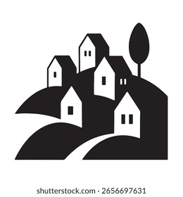  A black and white vector art piece with minimalist houses and a tree, using clean lines and geometric forms.
