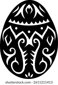 Black and white vector art of a tribal Easter egg. Bold geometric and organic shapes form a stylized ethnic motif. Ideal for crafts and unique holiday designs.  for laser cut, decal,  Carved ornaments