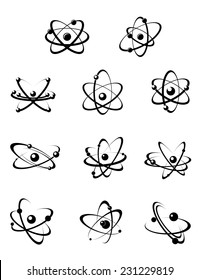 Black and white vector atomic structures of orbiting electrons around a nucleus for science themes