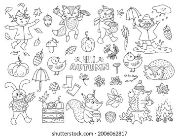 Conjunto de animales de otoño de vector blanco y negro. Colección de bosques de contorno corto. Paquete de iconos de la temporada de otoño.  Graciosa ilustración de línea forestal o página de color con hedgehog, zorro, ave, ciervo, conejo, oso
