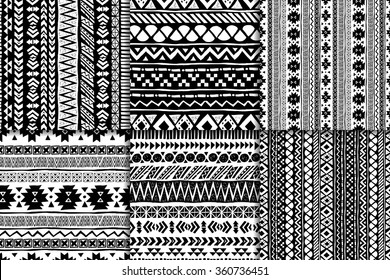 Black and white Vector Aztec Seamless Pattern set. Geometric abstract backgrounds.