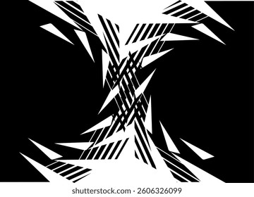 Black and white vector background. Abstract tornado pattern of broken swirling lines and shapes. For covers, advertising, packaging