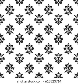 Black and white vector background. Beautiful queen seamless pattern with fleur de lys ornament elements. Royal signs in style of fashion illustration. Excellent textile, fabric, paper design.