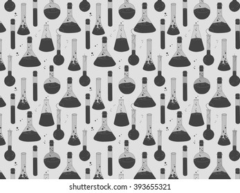 Black and white vector background with chemical glassware in hand drawn style. Black and white background with magic potions.