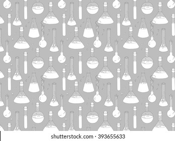Black and white vector background with chemical glassware in hand drawn style. Black and white background with magic potions.
