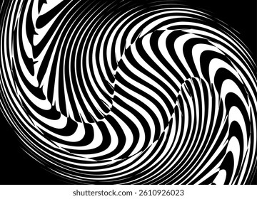 Black and white vector background with dynamic swirling striped pattern for advertising, posters. Abstract graphics from thin lines