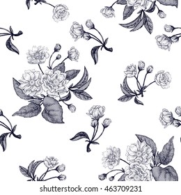 Black and white vector background with flower Chinese plum.