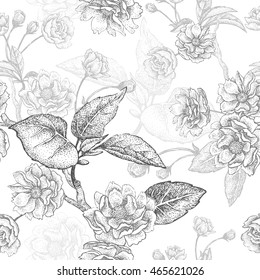 Black and white vector background with flower Chinese plum. Floral pattern with leaves, flowers and branches. Design paper, wallpaper and fabrics. National Chinese plant.