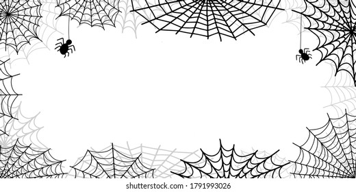 black and white vector background for halloween with spider web frame around the edges. isolated on white background. spiders hang. place for text in the center.