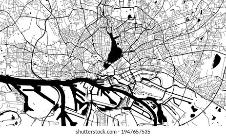 Black and white vector background map, Hamburg city area streets and water cartography illustration. Widescreen proportion, digital flat design streetmap.