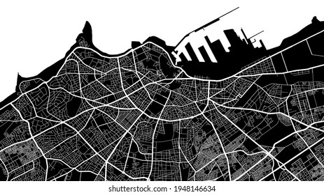 Black and white vector background map, Casablanca city area streets and water cartography illustration. Widescreen proportion, digital flat design streetmap.
