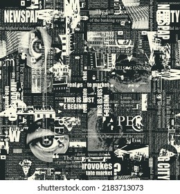 Black and white vector background with newspaper and magazine fragments in grunge style. Abstract seamless pattern with unreadable text, illustrations, headlines. Wallpaper, wrapping paper, fabric