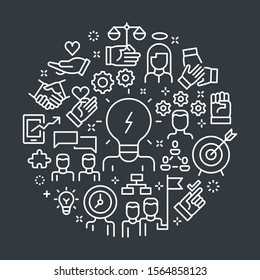 Black and white vector background. Vector outline illustrations related to work ethics. Vector line arts such as morality, proficiency, optimism and empathy are included in this graphic elements.