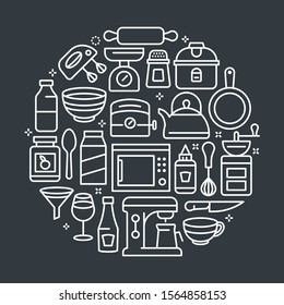 Black and white vector background. Vector outline illustrations related to kitchen and cooking. Vector line arts such as kitchen equipment, foods and beverages are included in this graphic elements.