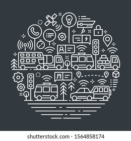 Black and white vector background. Vector outline illustrations related to smart transportation. Vector line arts such as transportation integrated with iot, innovative information and communication t