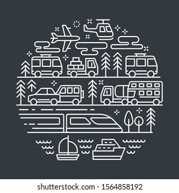 Black & white vector background. Vector outline illustrations related to transportation. Vector line arts such as ship, boat, bus, truck, car, train and airplane are included in this graphic elements.