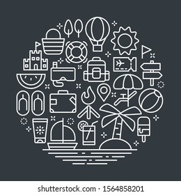 Black and white vector background. Vector outline illustrations related to summer vacation. Vector line arts such as various activity in summer season are included in this graphic elements.