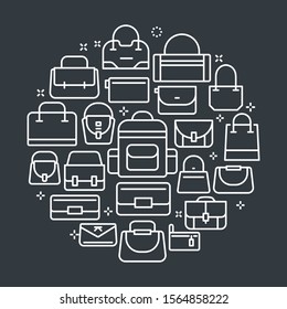 Black and white vector background. Vector outline illustrations related to bags. Vector line arts such as ring, beach, barrel, flap, saddle bag & other bag types are included in this graphic elements.