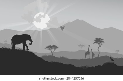 Black and white vector background with savanna landscape. 