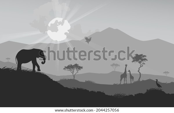 Black and white vector background with savanna landscape. Wall art. 