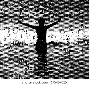 Black and white vector background of silhouette of woman with stretched arms, walking in waves, from behind 