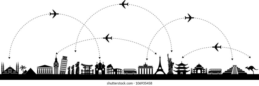 Black and white vector background with a trip with icons